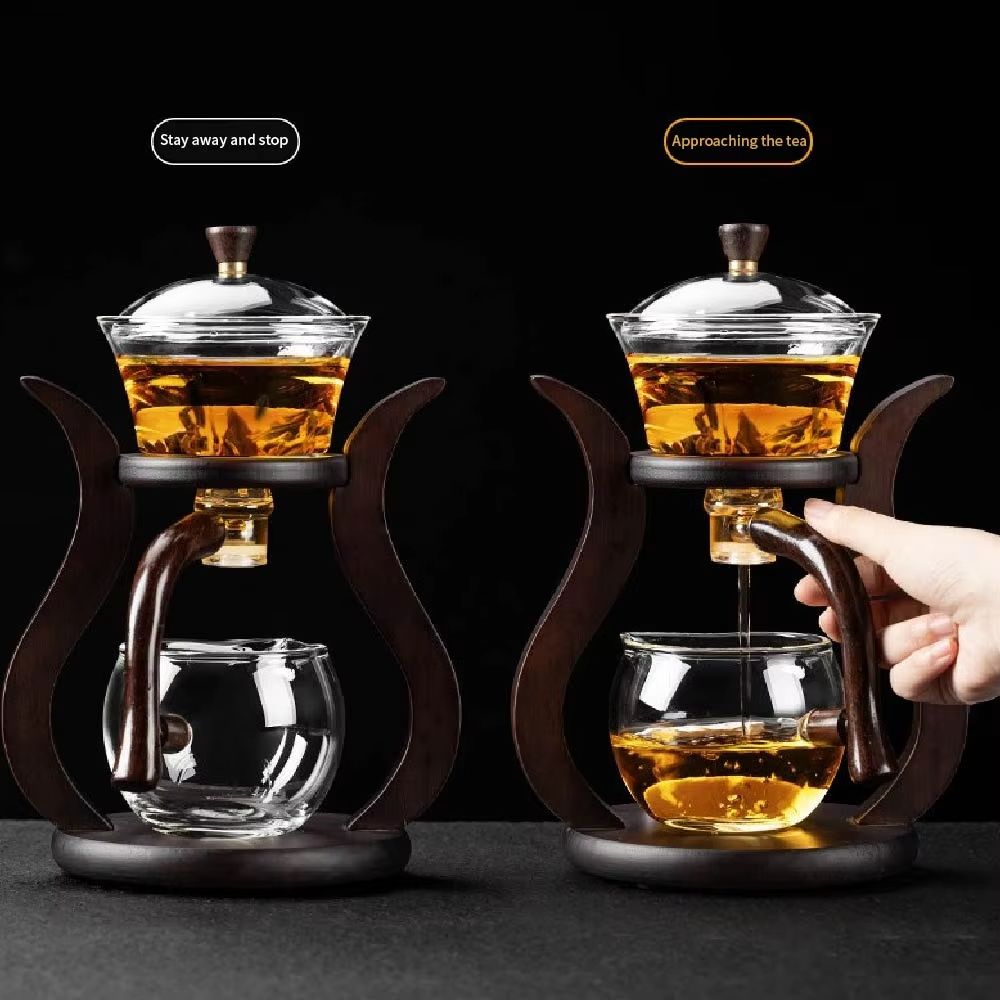 Lazy Kungfu Glass Teapot Set – Semi-Automatic Heat-Resistant Tea Set with Wooden Base & Magnetic Water Flow