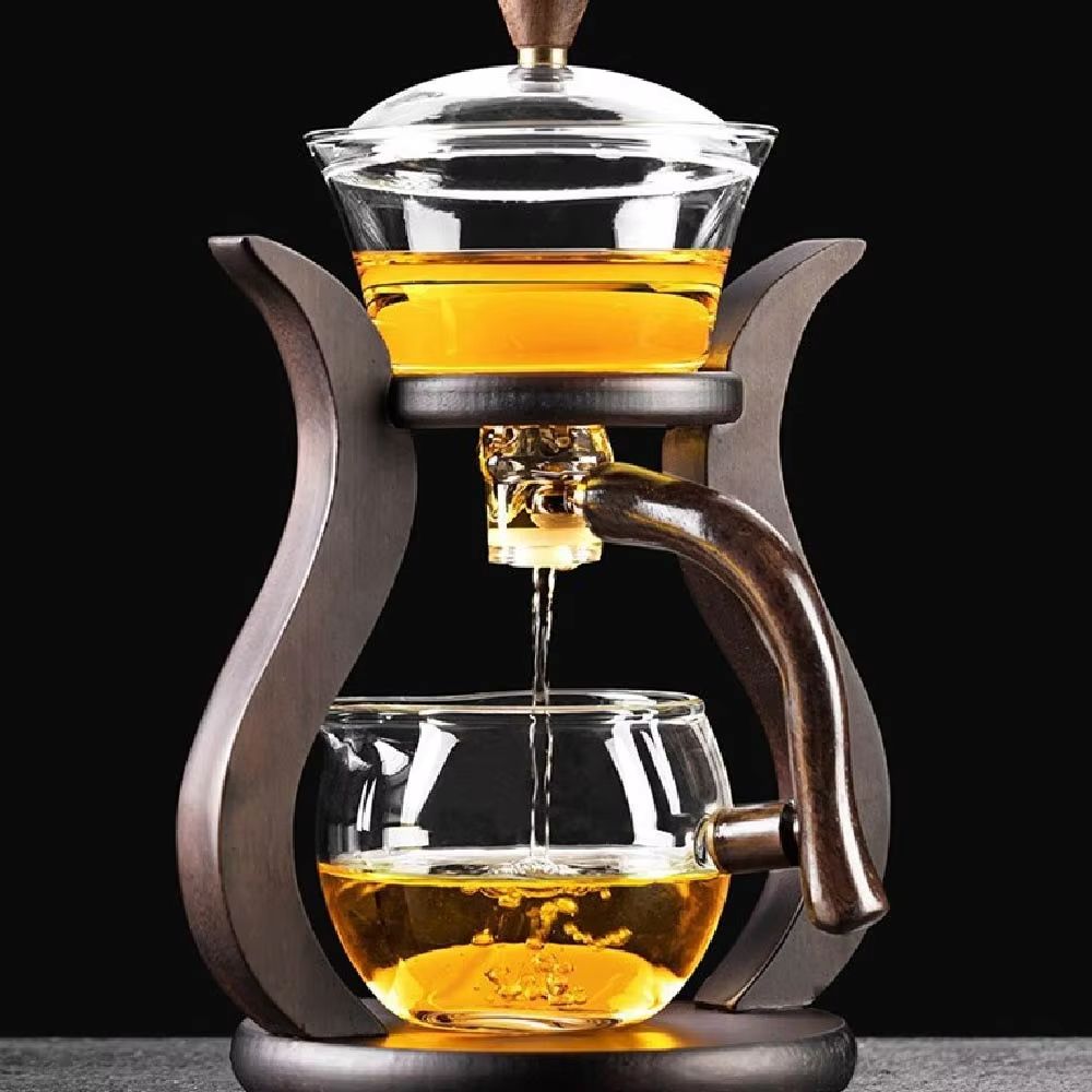 Lazy Kungfu Glass Teapot Set – Semi-Automatic Heat-Resistant Tea Set with Wooden Base & Magnetic Water Flow
