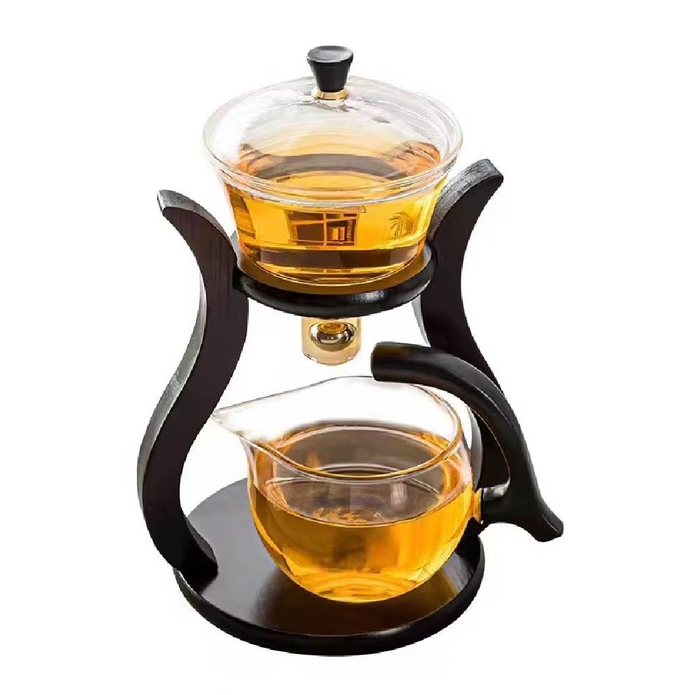 Lazy Kungfu Glass Teapot Set – Semi-Automatic Heat-Resistant Tea Set with Wooden Base & Magnetic Water Flow