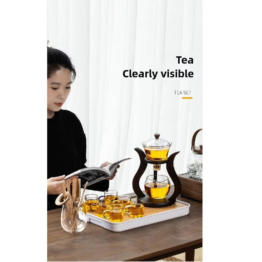 Lazy Kungfu Glass Teapot Set – Semi-Automatic Heat-Resistant Tea Set with Wooden Base & Magnetic Water Flow