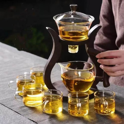 Lazy Kungfu Glass Teapot Set – Semi-Automatic Heat-Resistant Tea Set with Wooden Base & Magnetic Water Flow