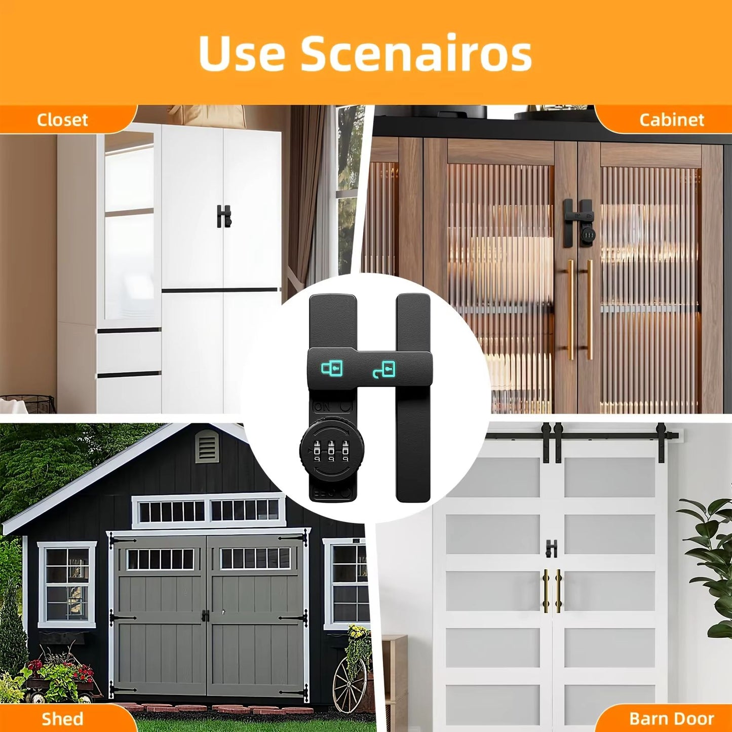 Combination Barn Door Lock, Sliding Deadbolt with 3-Digit Password Security and Luminous Sign