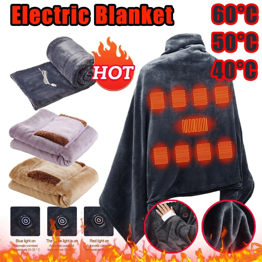 Womens USB Heated Shawl Throw Blanket Coral Velvet Adjustable Heat Levels