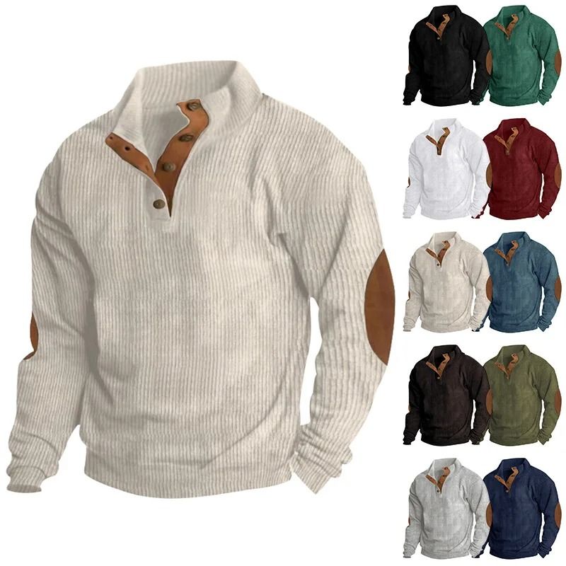 Men Corduroy Patchwork Sweatshirt Long Sleeve Stand Collar Pullover