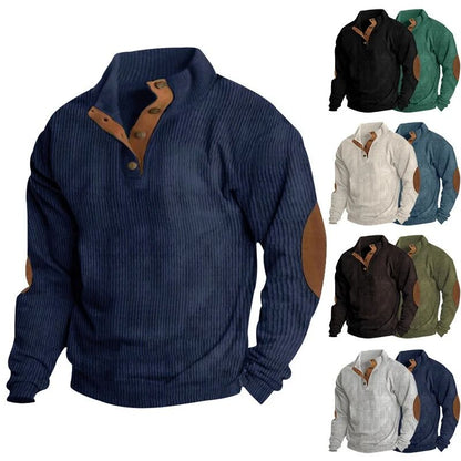 Men Corduroy Patchwork Sweatshirt Long Sleeve Stand Collar Pullover