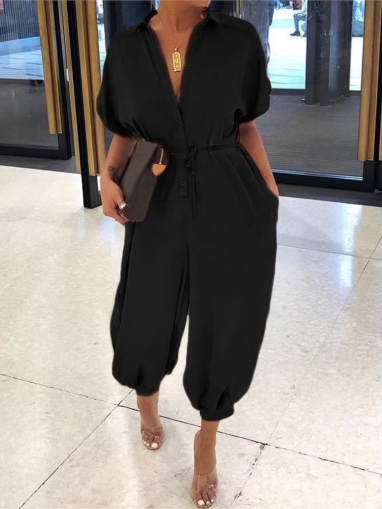Women's Summer V-Neck Jumpsuit – Short Sleeve Lace-Up Playsuit with Pockets, Leopard Print & Casual Loose Fit