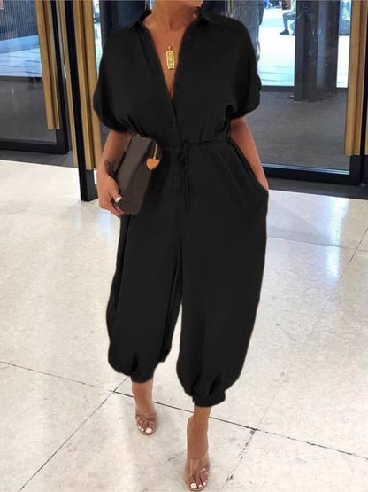 Women's Summer V-Neck Jumpsuit – Short Sleeve Lace-Up Playsuit with Pockets, Leopard Print & Casual Loose Fit