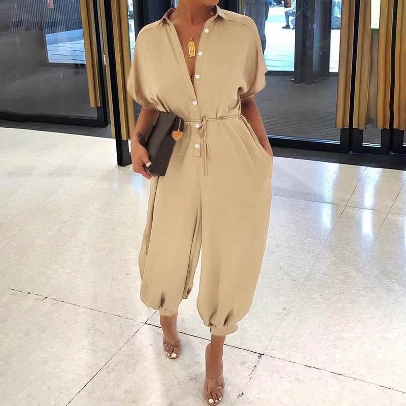 Women's Summer V-Neck Jumpsuit – Short Sleeve Lace-Up Playsuit with Pockets, Leopard Print & Casual Loose Fit
