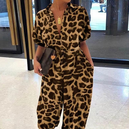 Women's Summer V-Neck Jumpsuit – Short Sleeve Lace-Up Playsuit with Pockets, Leopard Print & Casual Loose Fit
