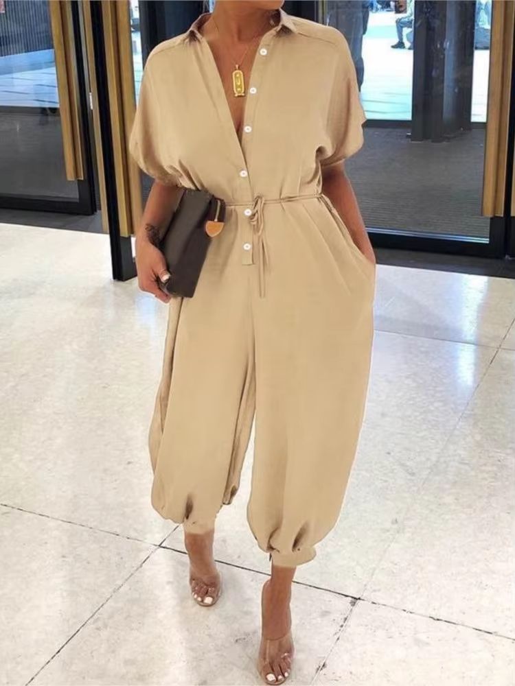 Women's Summer V-Neck Jumpsuit – Short Sleeve Lace-Up Playsuit with Pockets, Leopard Print & Casual Loose Fit