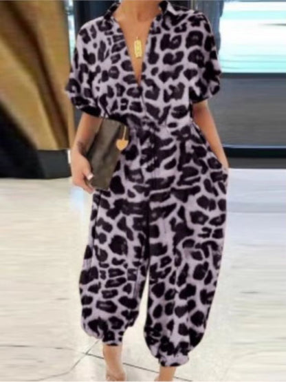 Women's Summer V-Neck Jumpsuit – Short Sleeve Lace-Up Playsuit with Pockets, Leopard Print & Casual Loose Fit