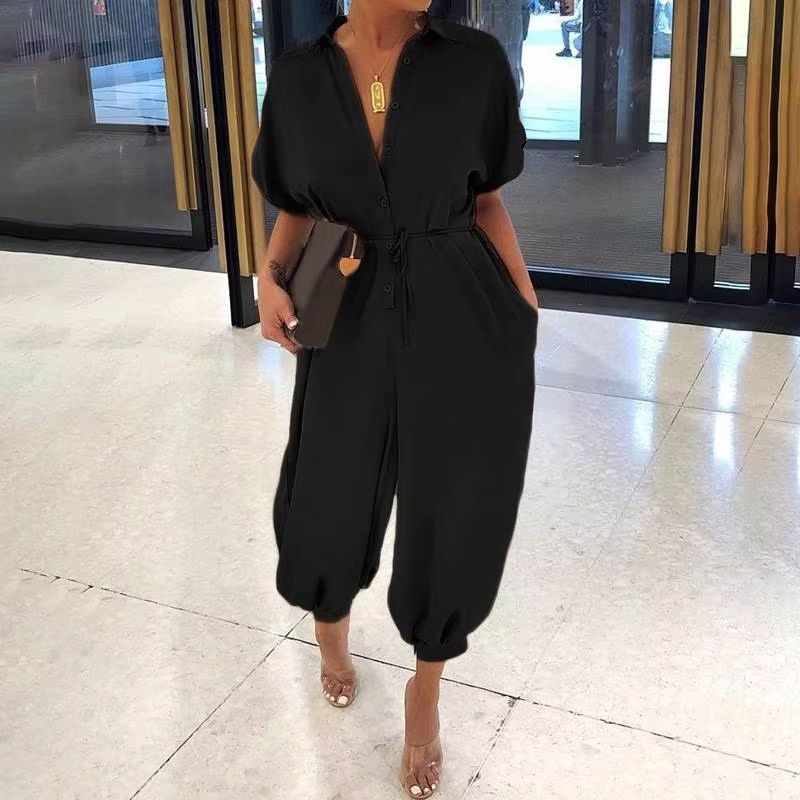 Women's Summer V-Neck Jumpsuit – Short Sleeve Lace-Up Playsuit with Pockets, Leopard Print & Casual Loose Fit
