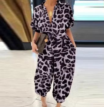Women's Summer V-Neck Jumpsuit – Short Sleeve Lace-Up Playsuit with Pockets, Leopard Print & Casual Loose Fit