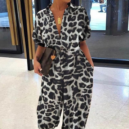 Women's Summer V-Neck Jumpsuit – Short Sleeve Lace-Up Playsuit with Pockets, Leopard Print & Casual Loose Fit