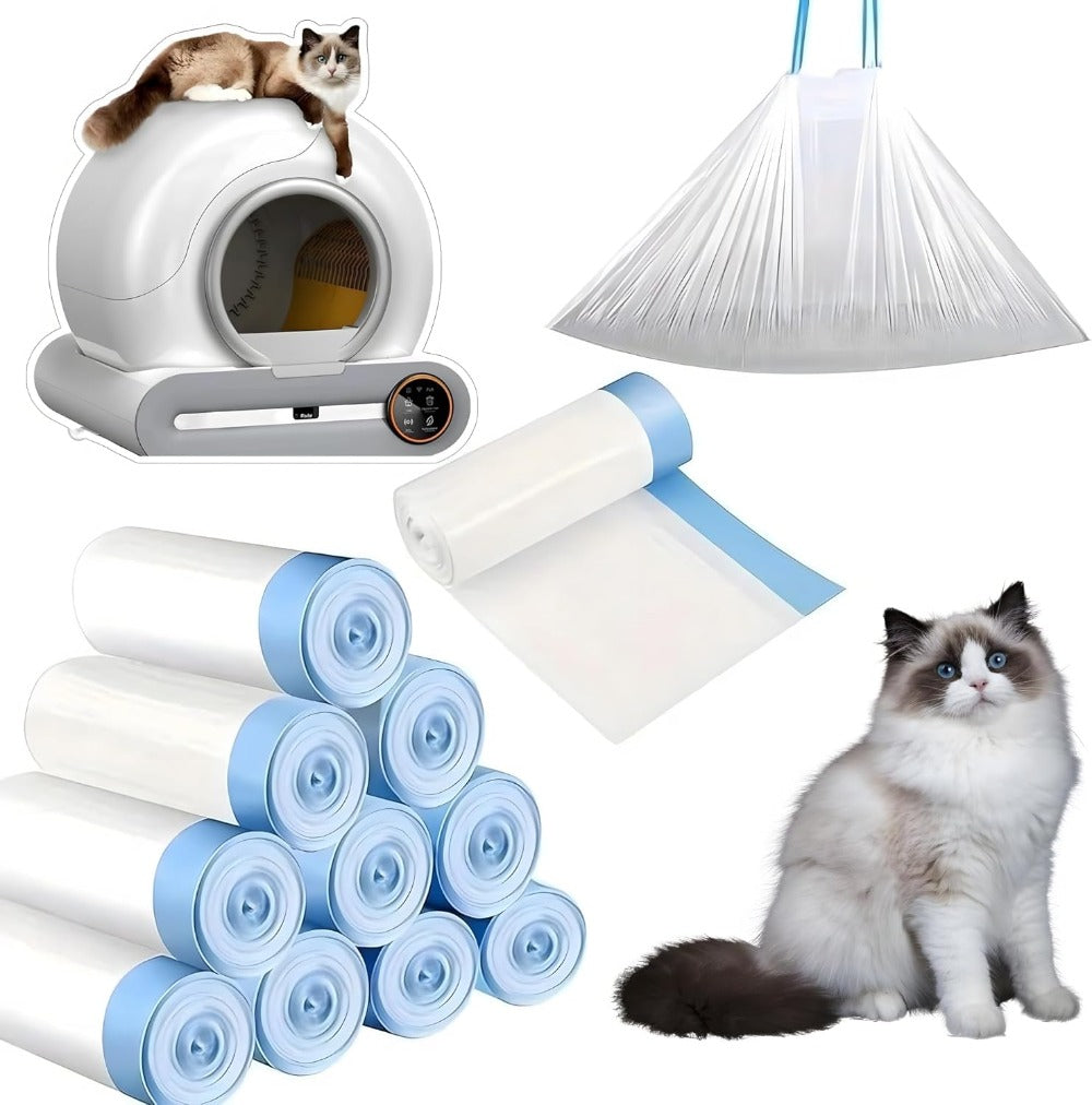 Drawstring Closure Cat Litter Bags, 10 Rolls Tonepie Self-Cleaning Litter Box Poop Bags for Easy Pet Waste Disposal
