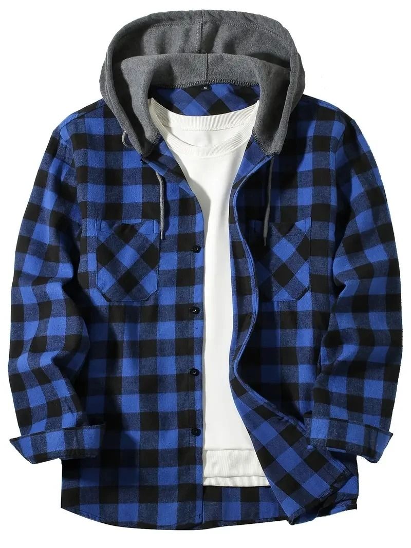 Mens Hooded Plaid Shirt Casual Slim Fit Long Sleeve Jacket
