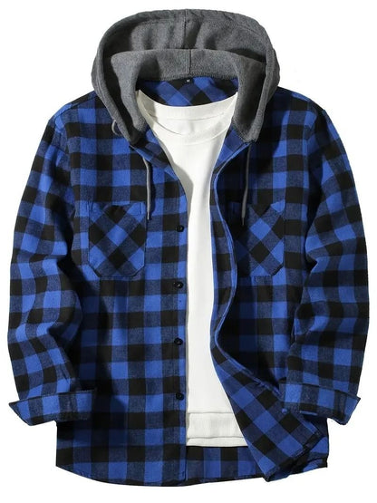 Mens Hooded Plaid Shirt Casual Slim Fit Long Sleeve Jacket