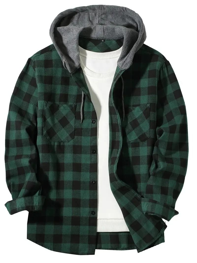 Mens Hooded Plaid Shirt Casual Slim Fit Long Sleeve Jacket