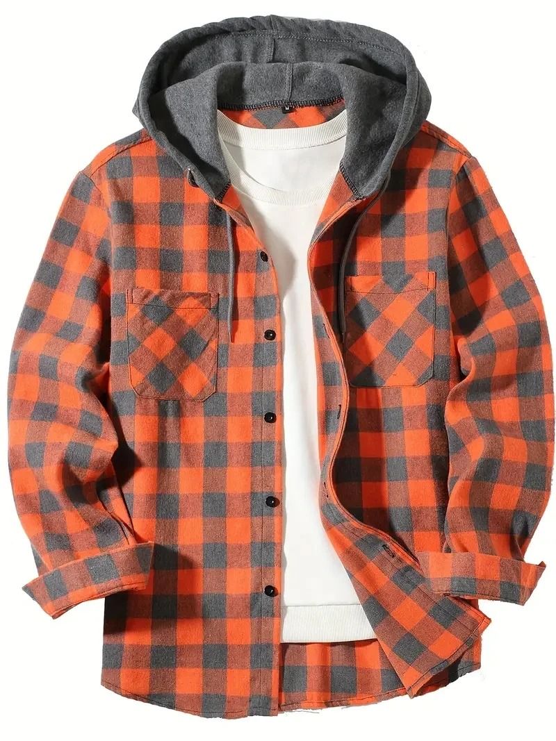 Mens Hooded Plaid Shirt Casual Slim Fit Long Sleeve Jacket