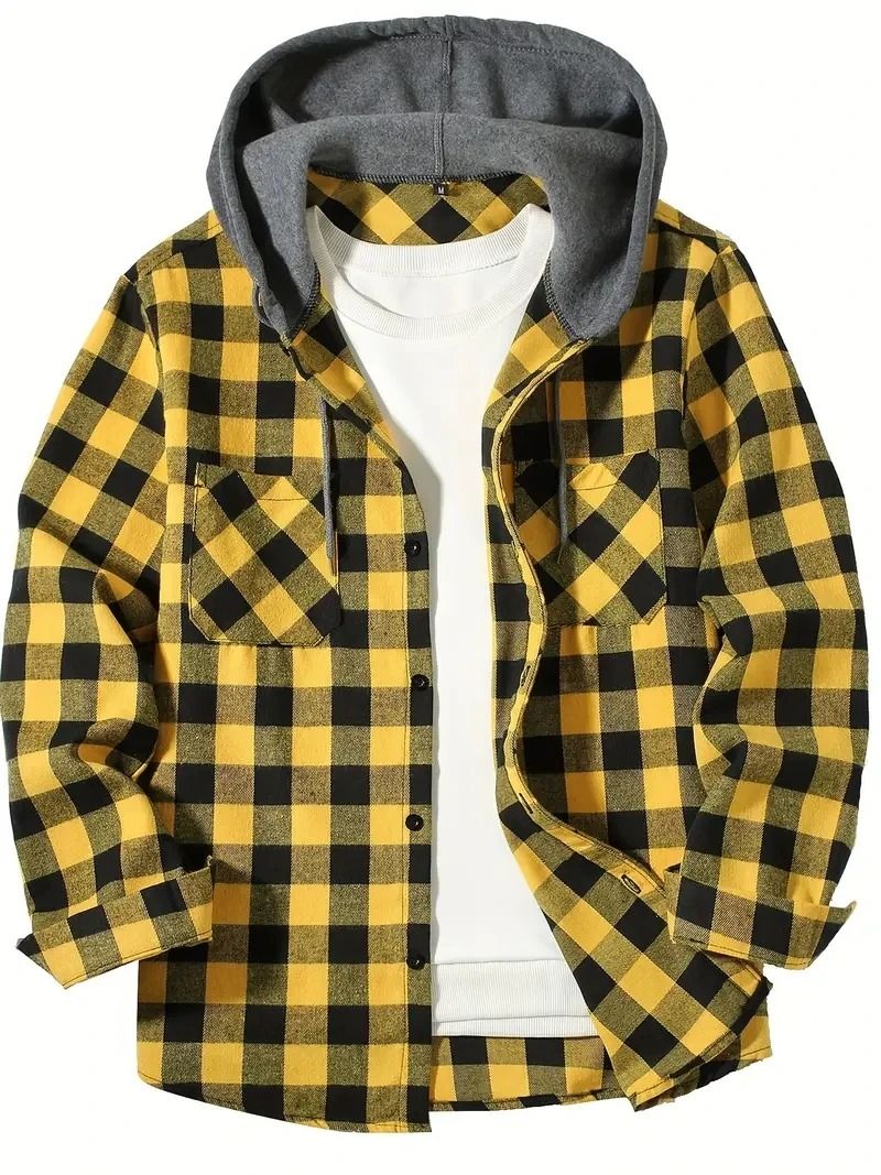 Mens Hooded Plaid Shirt Casual Slim Fit Long Sleeve Jacket