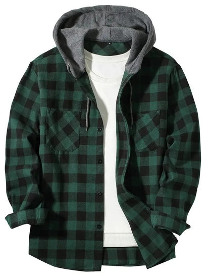 Mens Hooded Plaid Shirt Casual Slim Fit Long Sleeve Jacket