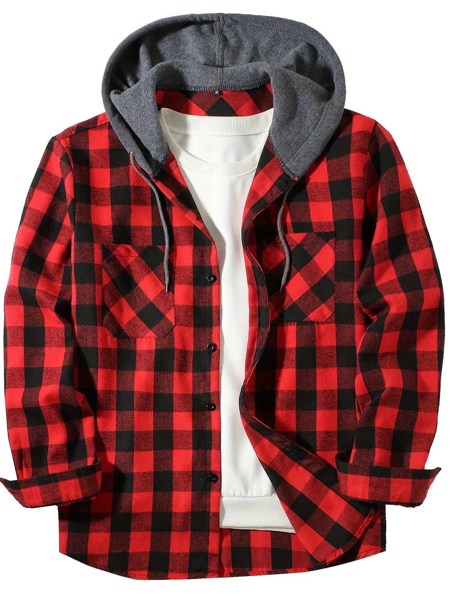 Mens Hooded Plaid Shirt Casual Slim Fit Long Sleeve Jacket