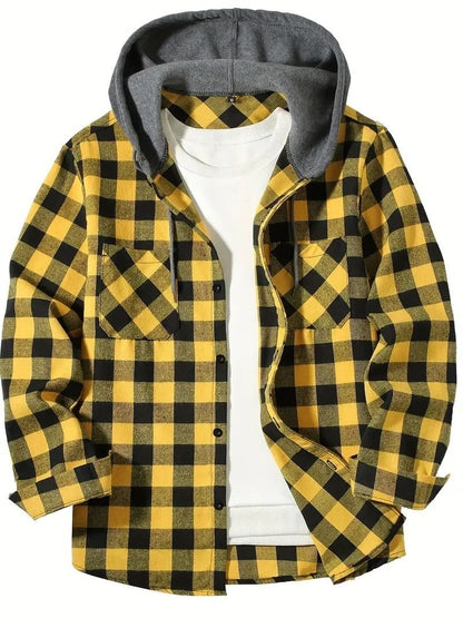 Mens Hooded Plaid Shirt Casual Slim Fit Long Sleeve Jacket