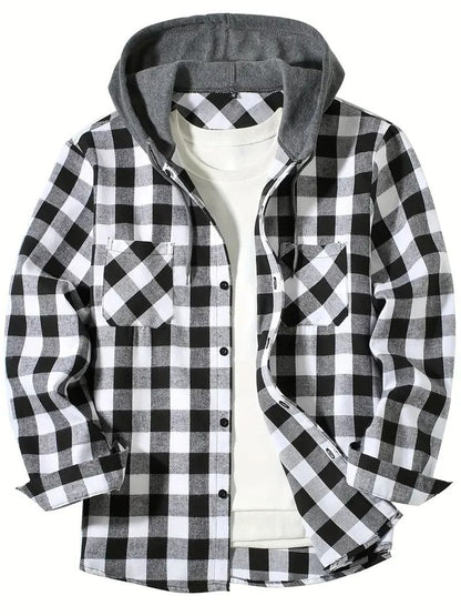 Mens Hooded Plaid Shirt Casual Slim Fit Long Sleeve Jacket