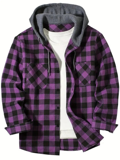 Mens Hooded Plaid Shirt Casual Slim Fit Long Sleeve Jacket