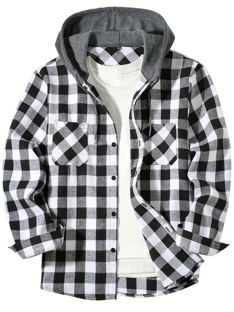 Mens Hooded Plaid Shirt Casual Slim Fit Long Sleeve Jacket