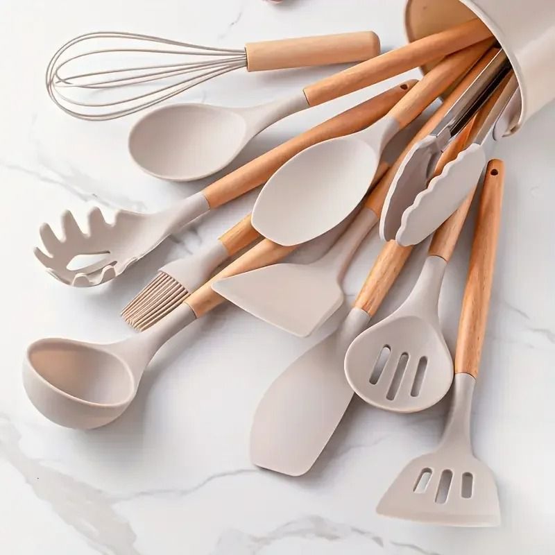12 Piece Silicone Kitchen Utensil Set with Wooden Handles Heat Resistant Cooking Tools