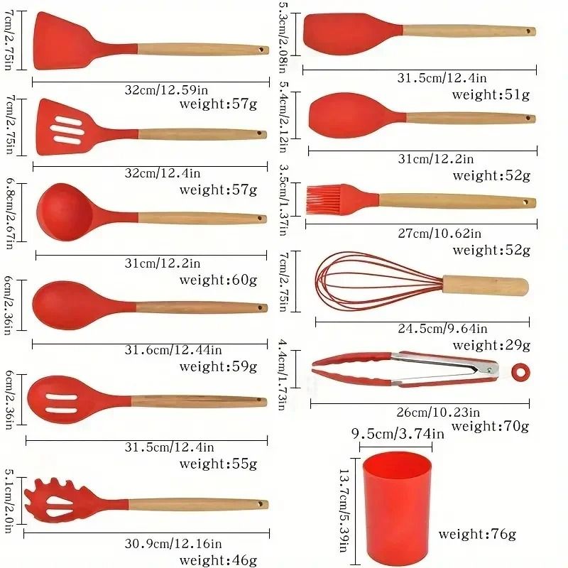 12 Piece Silicone Kitchen Utensil Set with Wooden Handles Heat Resistant Cooking Tools