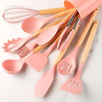 12 Piece Silicone Kitchen Utensil Set with Wooden Handles Heat Resistant Cooking Tools