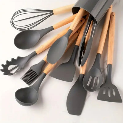 12 Piece Silicone Kitchen Utensil Set with Wooden Handles Heat Resistant Cooking Tools