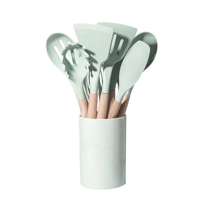12 Piece Silicone Kitchen Utensil Set with Wooden Handles Heat Resistant Cooking Tools