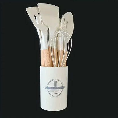 12 Piece Silicone Kitchen Utensil Set with Wooden Handles Heat Resistant Cooking Tools