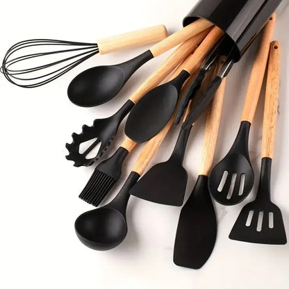 12 Piece Silicone Kitchen Utensil Set with Wooden Handles Heat Resistant Cooking Tools