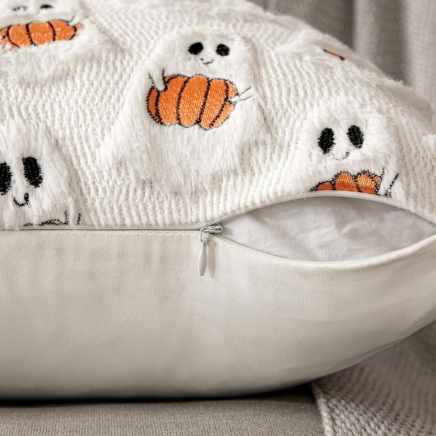 Ghost Pumpkin Plush Faux Fur Pillow Covers, Soft Halloween Decor for Sofa Couch Bed, Living Room Seasonal Accent
