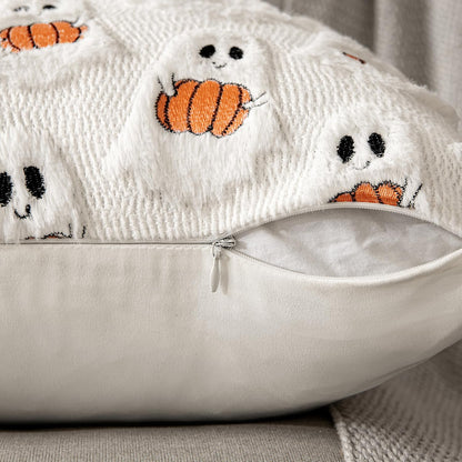 Ghost Pumpkin Plush Faux Fur Pillow Covers, Soft Halloween Decor for Sofa Couch Bed, Living Room Seasonal Accent