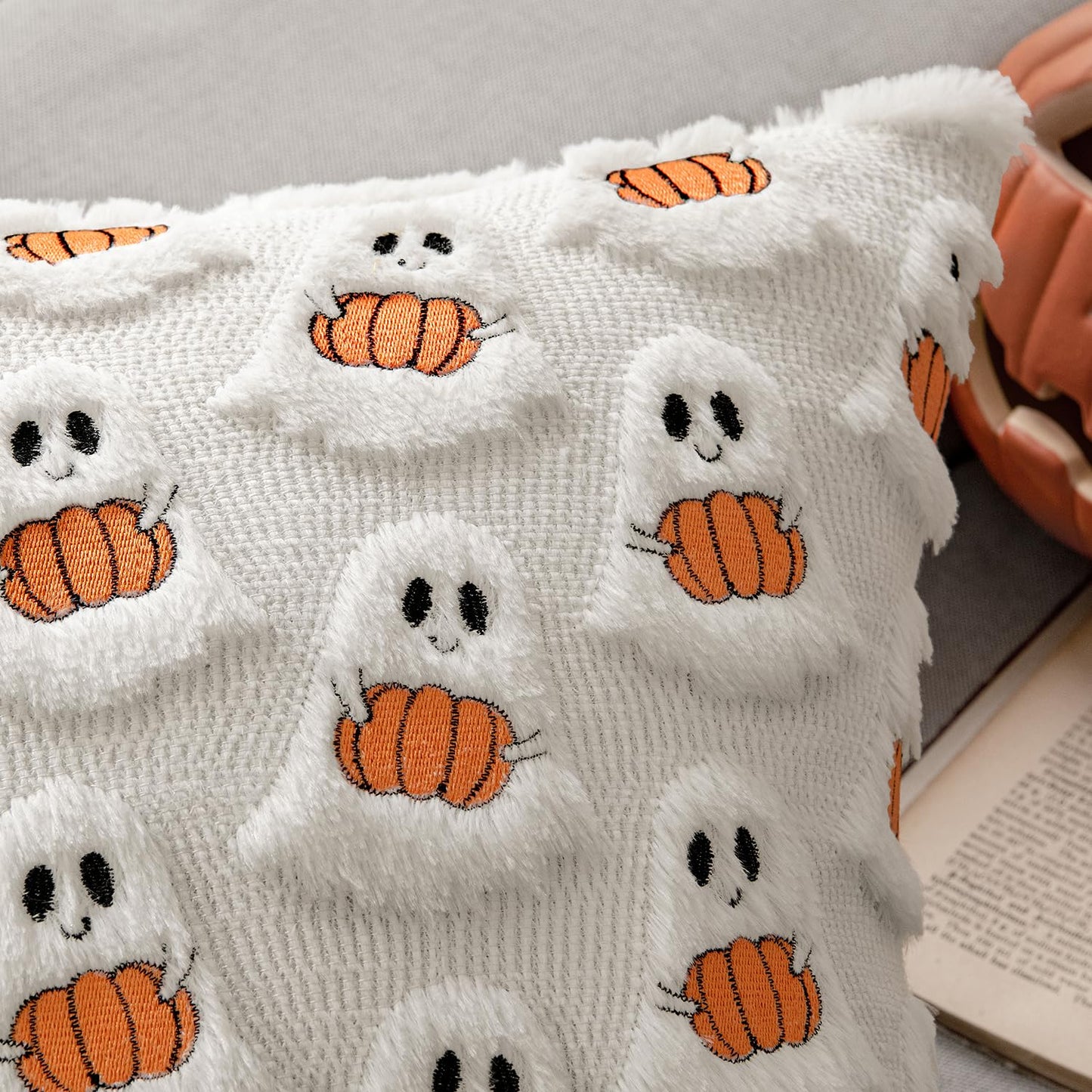 Ghost Pumpkin Plush Faux Fur Pillow Covers, Soft Halloween Decor for Sofa Couch Bed, Living Room Seasonal Accent