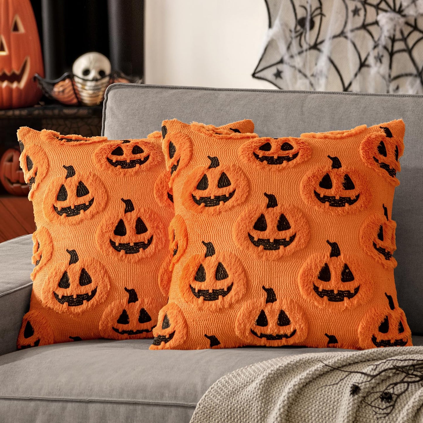 Ghost Pumpkin Plush Faux Fur Pillow Covers, Soft Halloween Decor for Sofa Couch Bed, Living Room Seasonal Accent