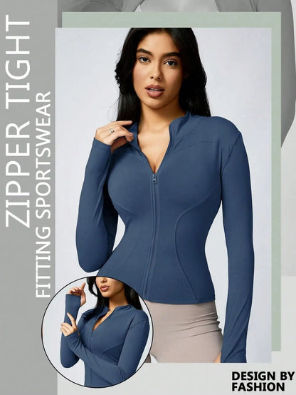 Women Solid Color Zipper Turtleneck Sports Jacket Long Sleeve Gym Top