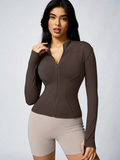 Women Solid Color Zipper Turtleneck Sports Jacket Long Sleeve Gym Top
