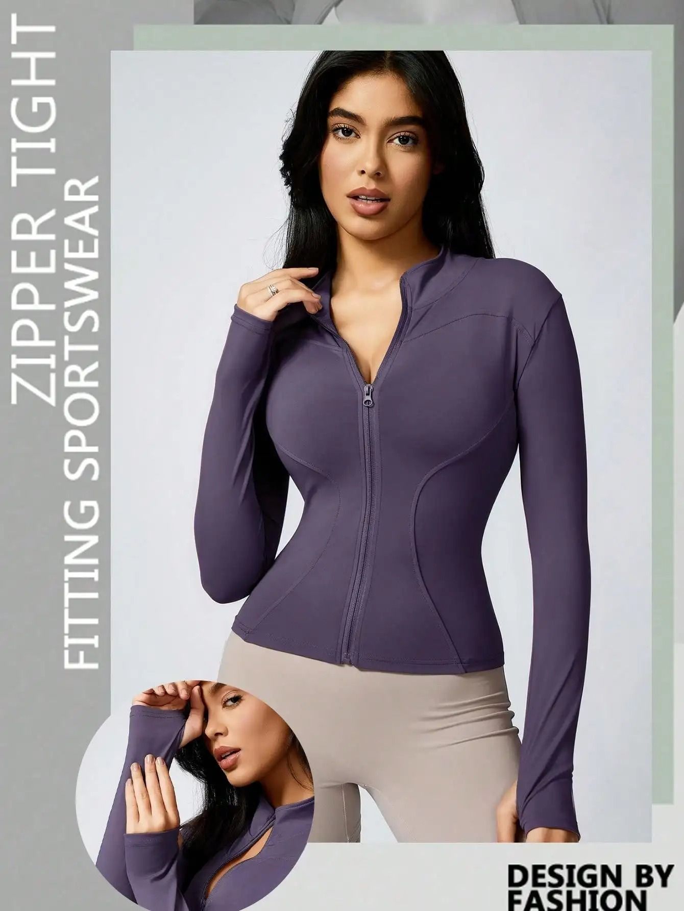 Women Solid Color Zipper Turtleneck Sports Jacket Long Sleeve Gym Top