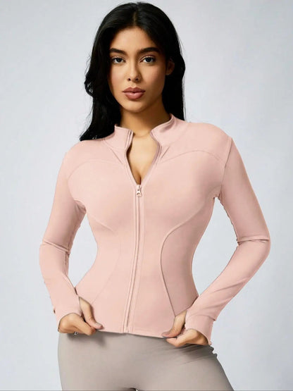 Women Solid Color Zipper Turtleneck Sports Jacket Long Sleeve Gym Top