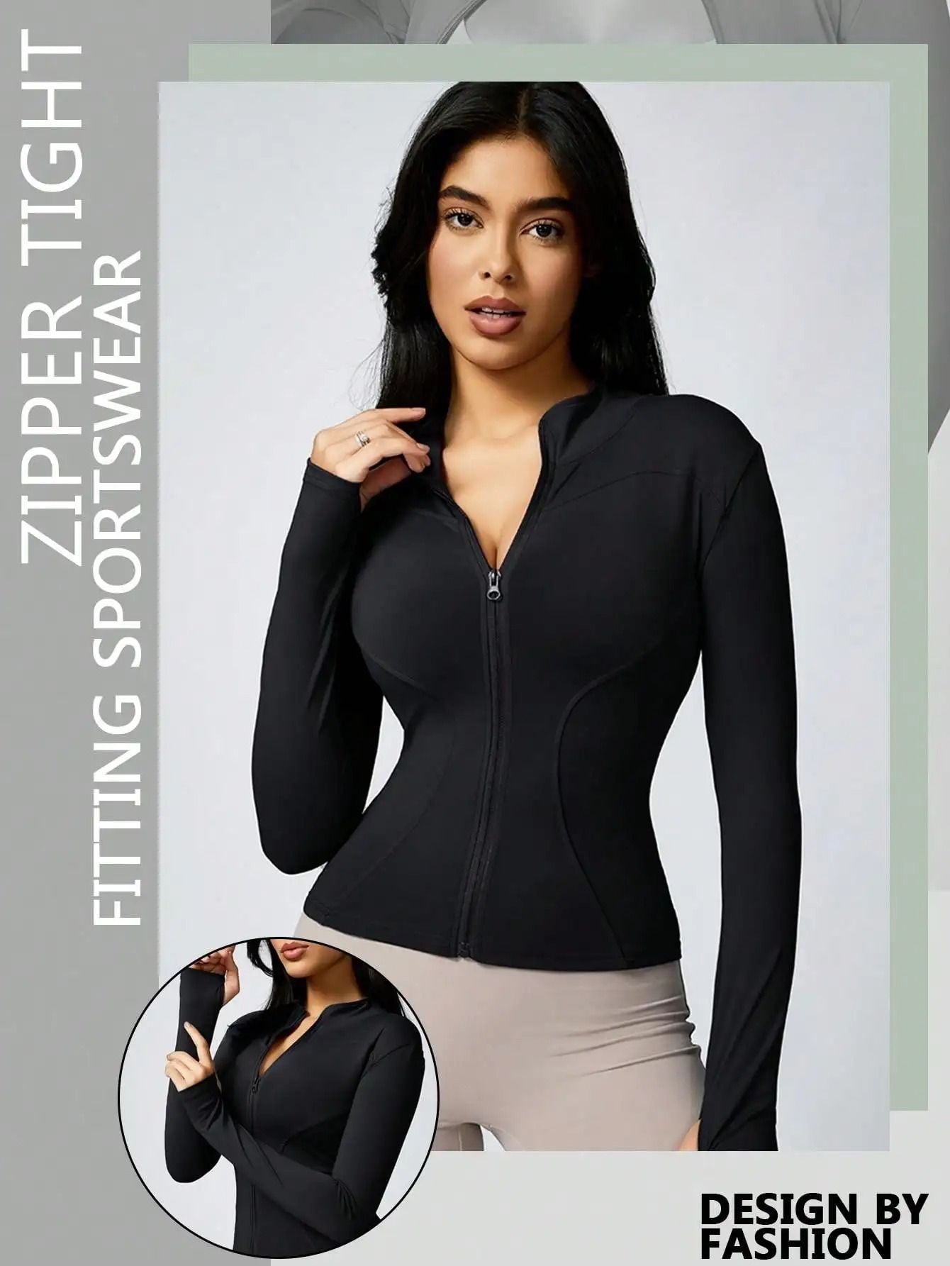 Women Solid Color Zipper Turtleneck Sports Jacket Long Sleeve Gym Top