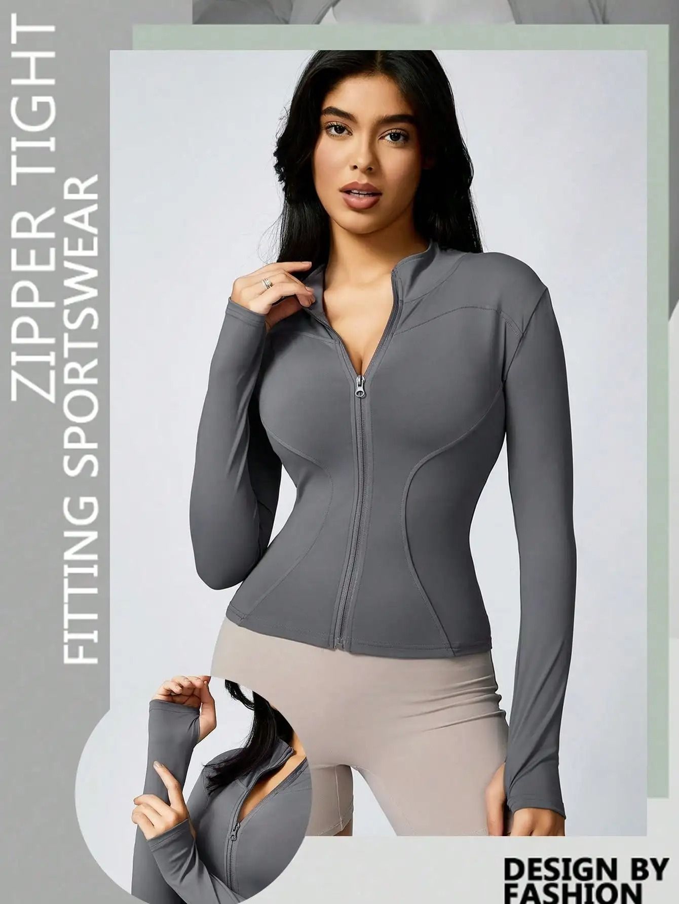 Women Solid Color Zipper Turtleneck Sports Jacket Long Sleeve Gym Top