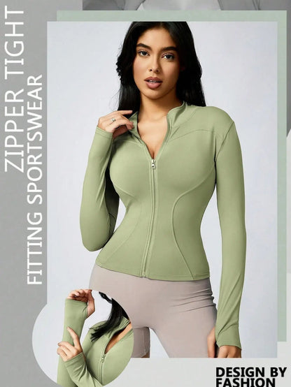Women Solid Color Zipper Turtleneck Sports Jacket Long Sleeve Gym Top