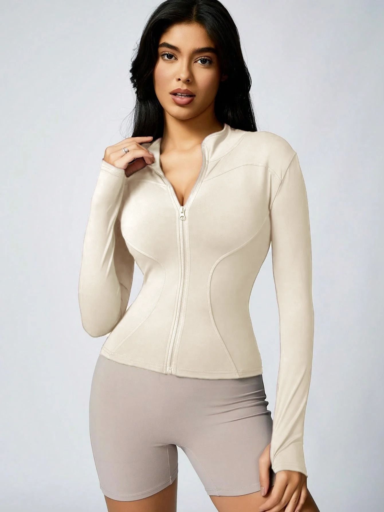 Women Solid Color Zipper Turtleneck Sports Jacket Long Sleeve Gym Top