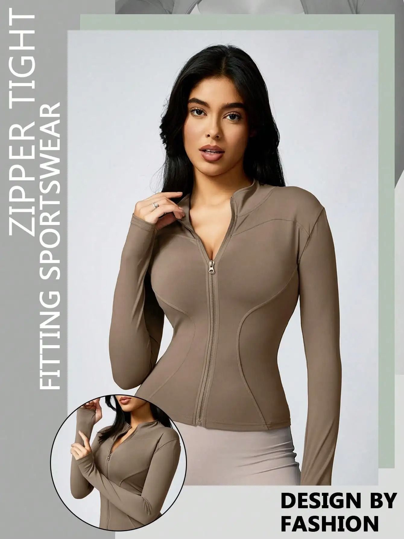 Women Solid Color Zipper Turtleneck Sports Jacket Long Sleeve Gym Top